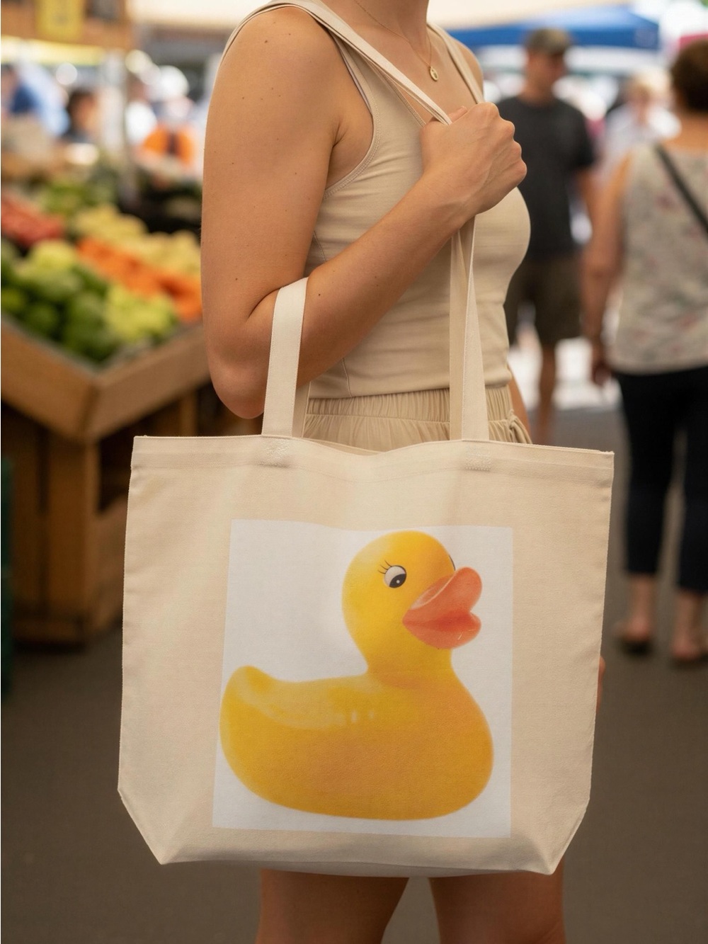 NWOT Cream Colored Canvas Tote Bag with Yellow Rubber Duck Print